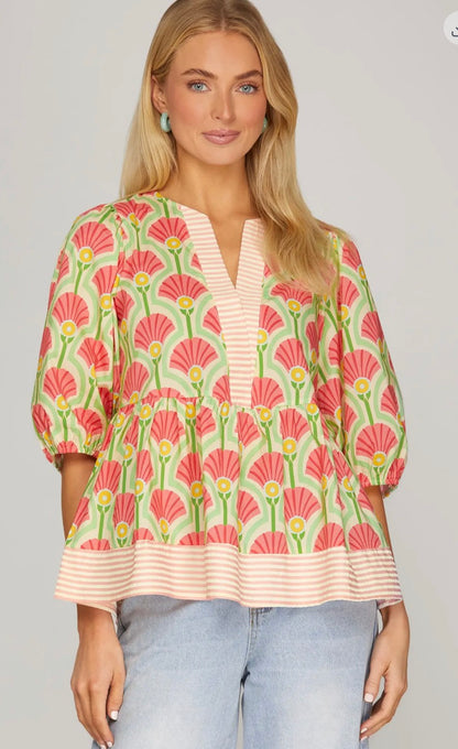 geometric floral puff sleeve peplum top