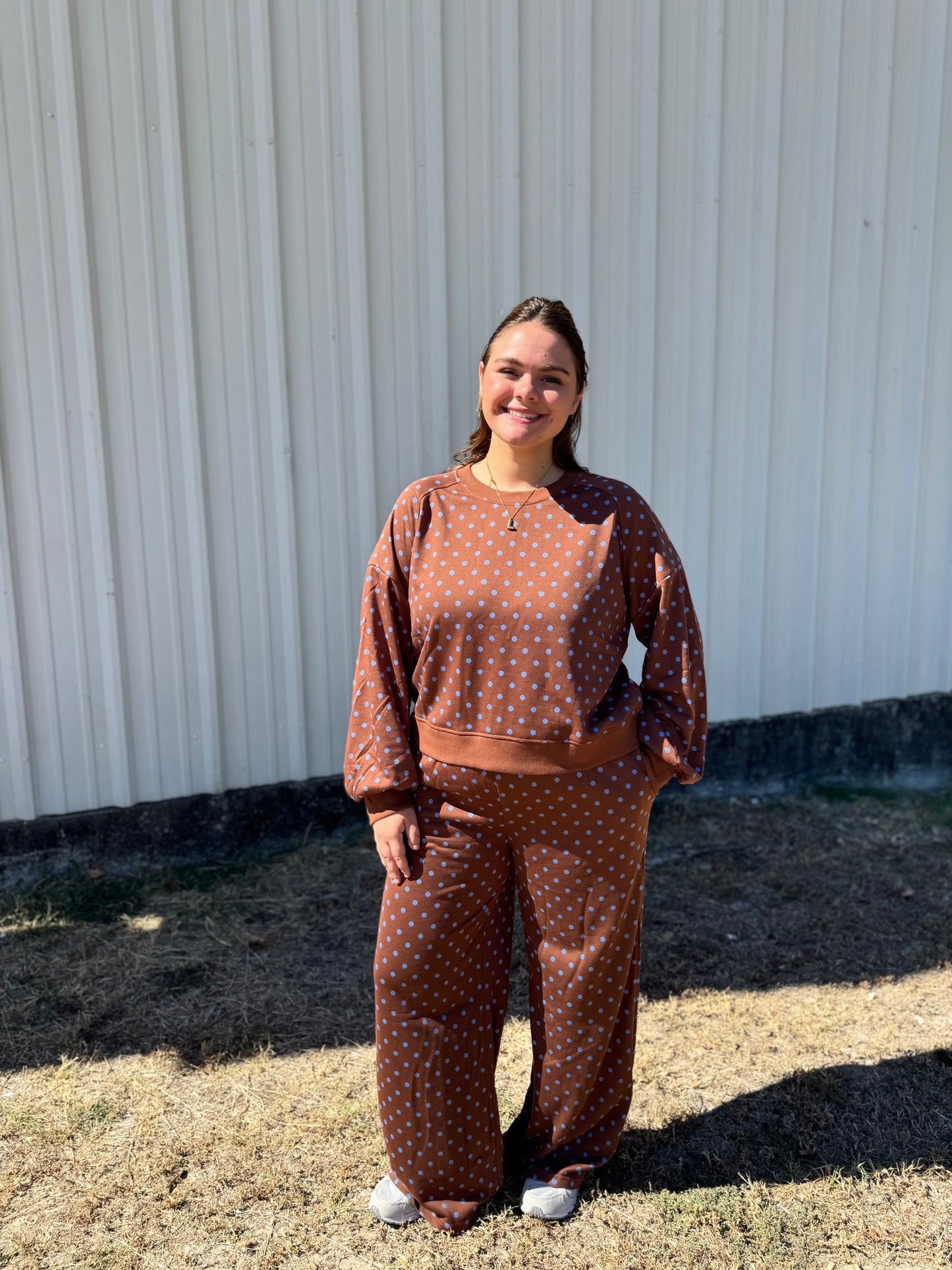 Polka Dot Cropped Sweatshirt Wide Leg Two Piece Set