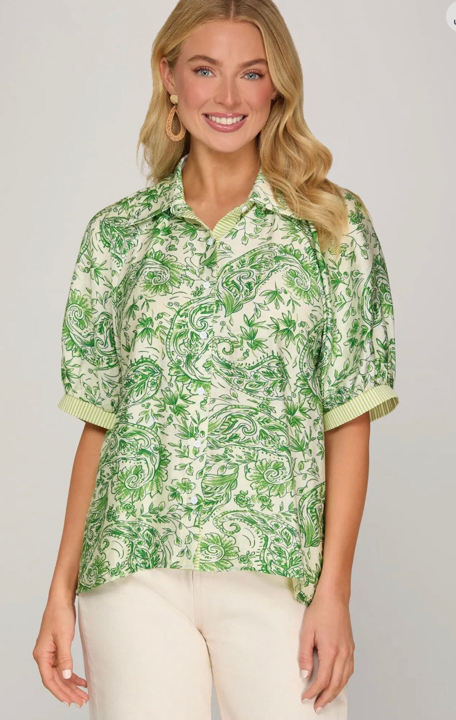 short sleeve button down printed top