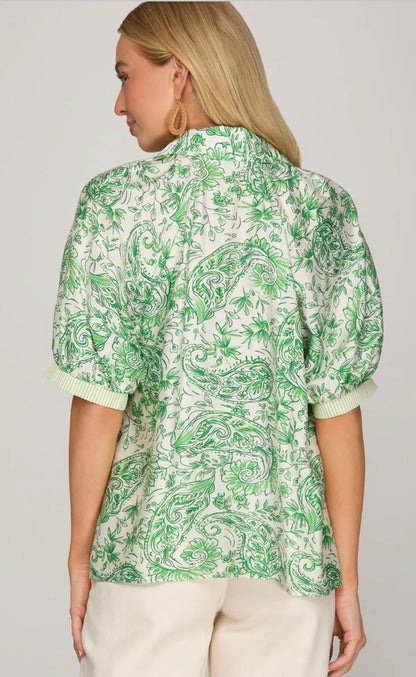short sleeve button down printed top