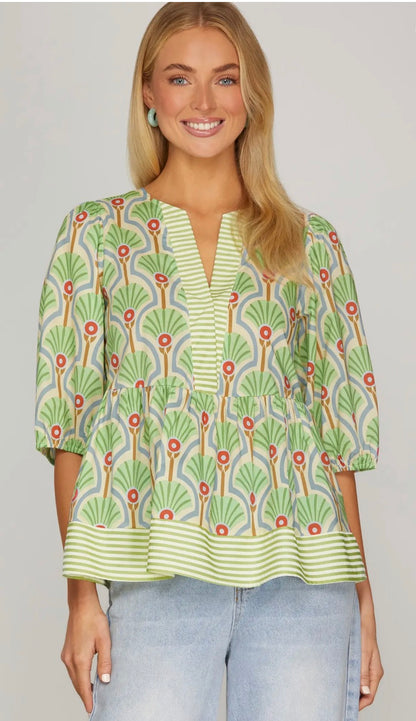 geometric floral puff sleeve peplum top