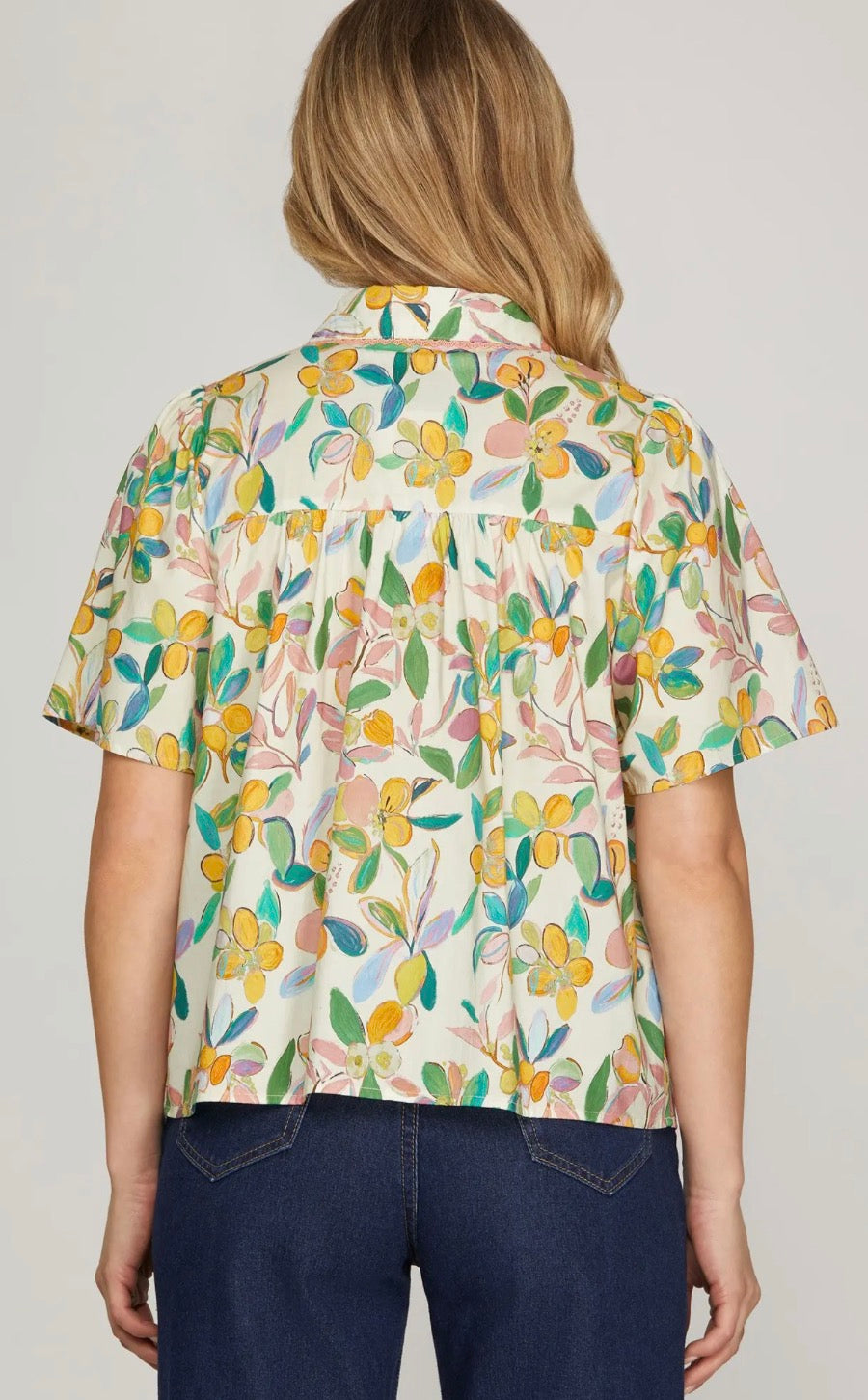 short sleeve half placket collar top with trim and smocked detail