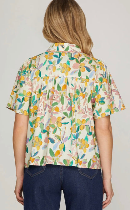 short sleeve half placket collar top with trim and smocked detail