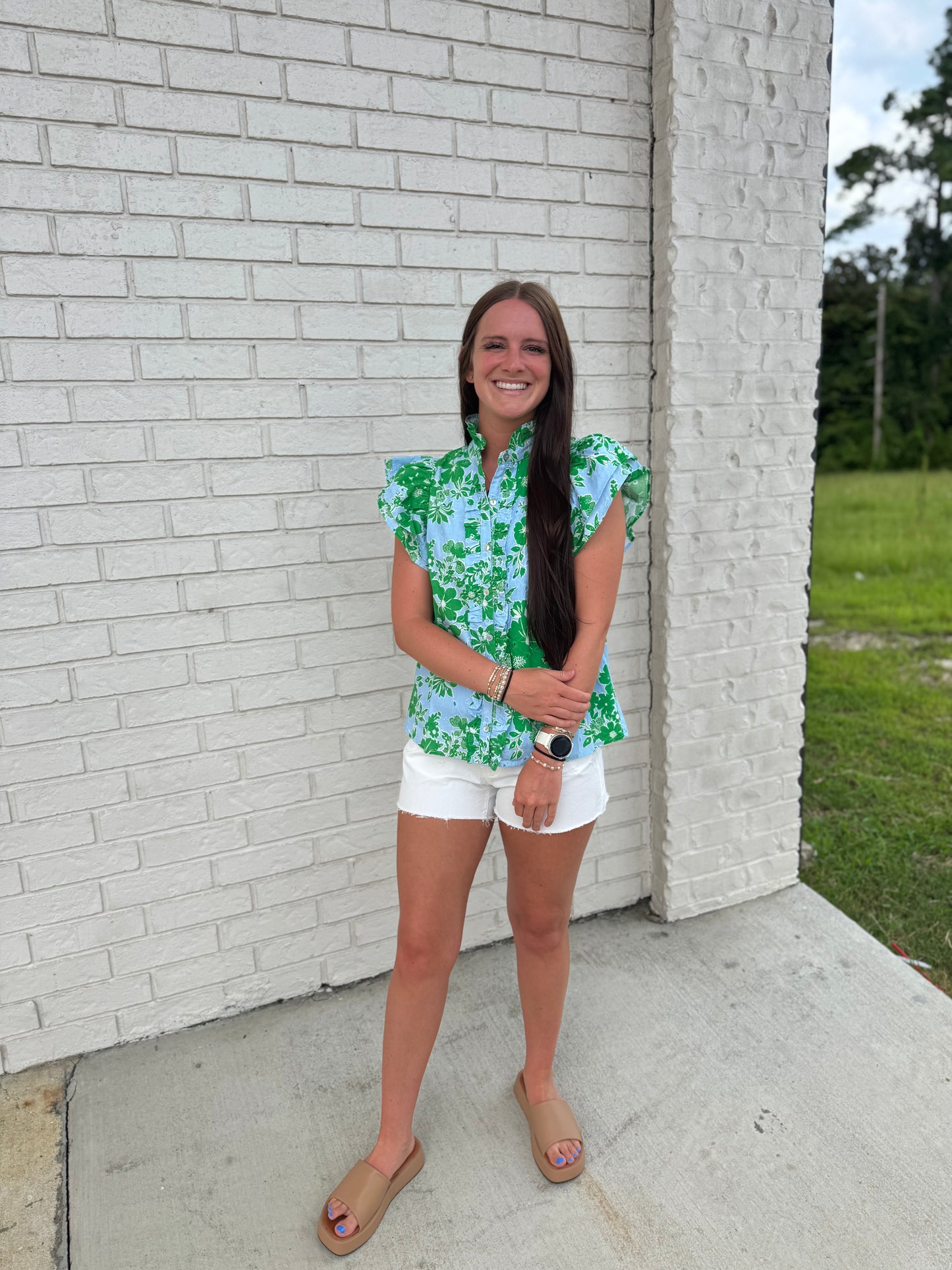 Blue and green floral top