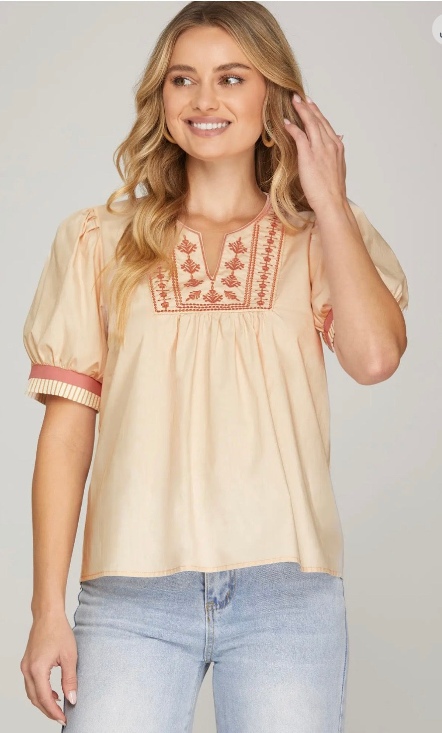 Short sleeve taylor embroidered top