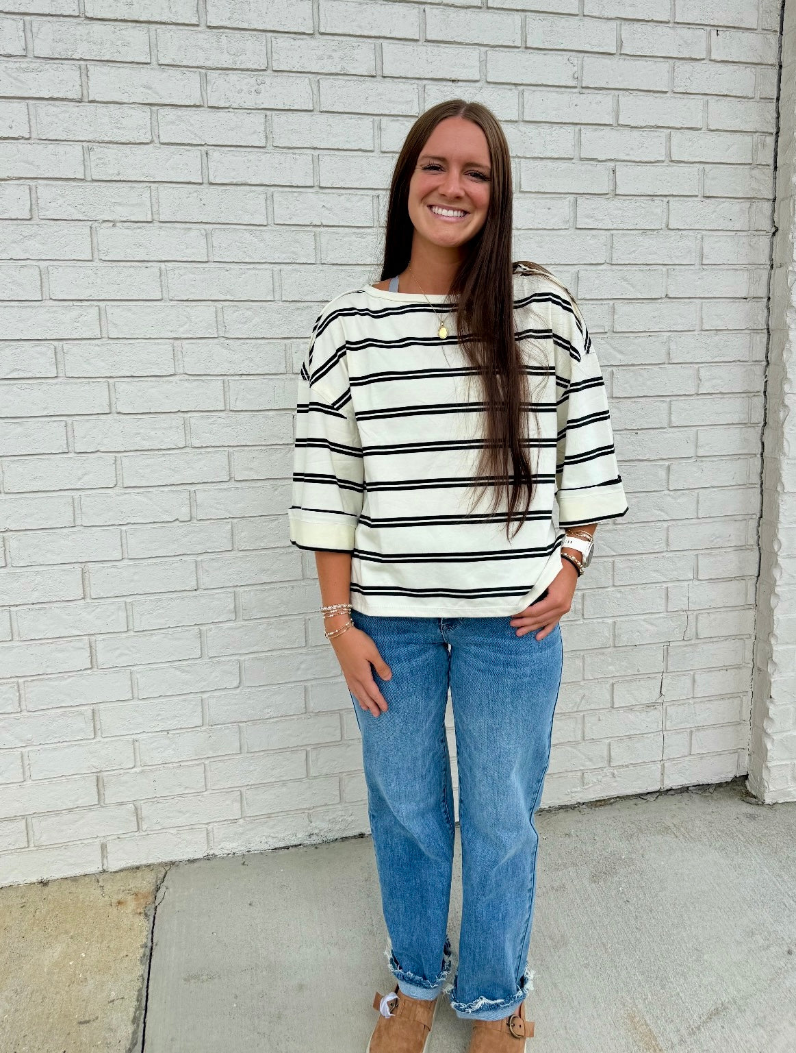 STRIPE RAW EDGE CUFF SLEEVE OVERSIZED KNIT TOP