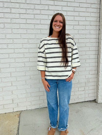 STRIPE RAW EDGE CUFF SLEEVE OVERSIZED KNIT TOP