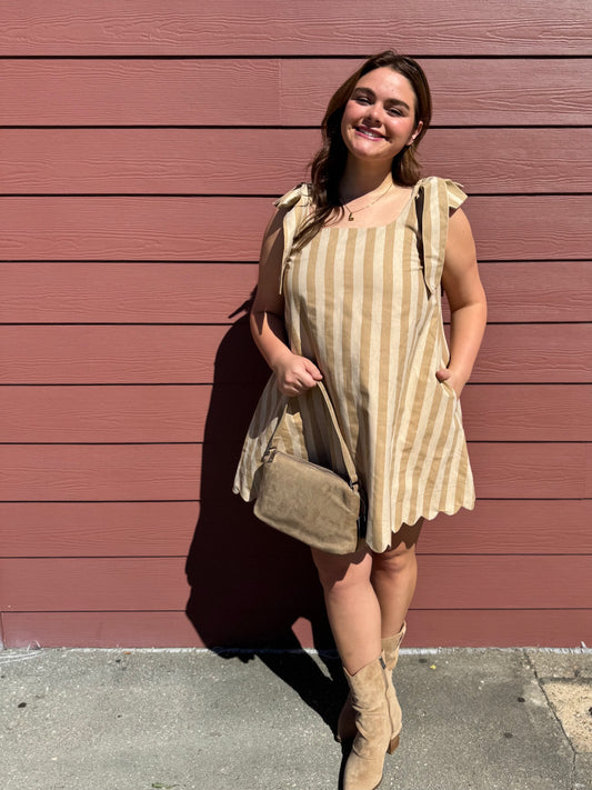 Glam - Scoop Neck Bow Shoulder Scallop Mini Dress