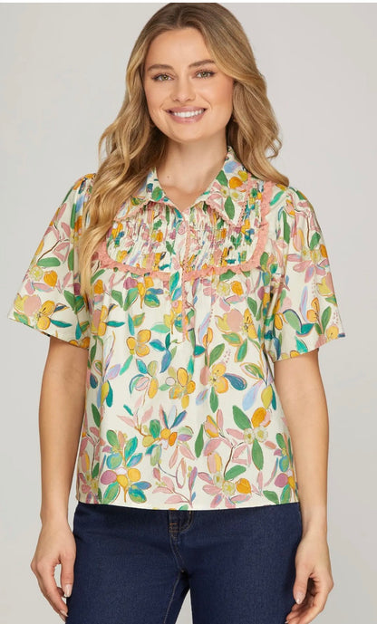 short sleeve half placket collar top with trim and smocked detail