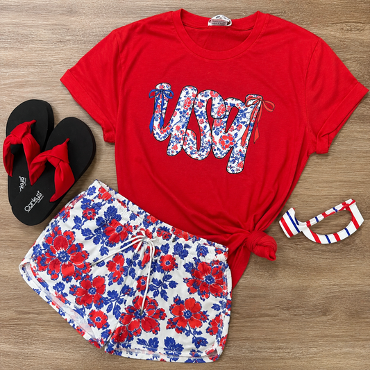 USA Floral Top and Shorts Set with Pockets