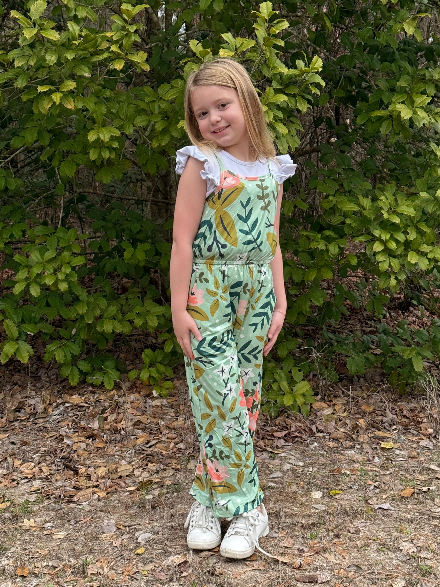 Kids Sage Pink Floral Spring Summer Jumpsuit With Pockets