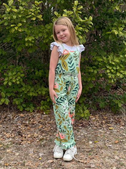Kids Sage Pink Floral Spring Summer Jumpsuit With Pockets