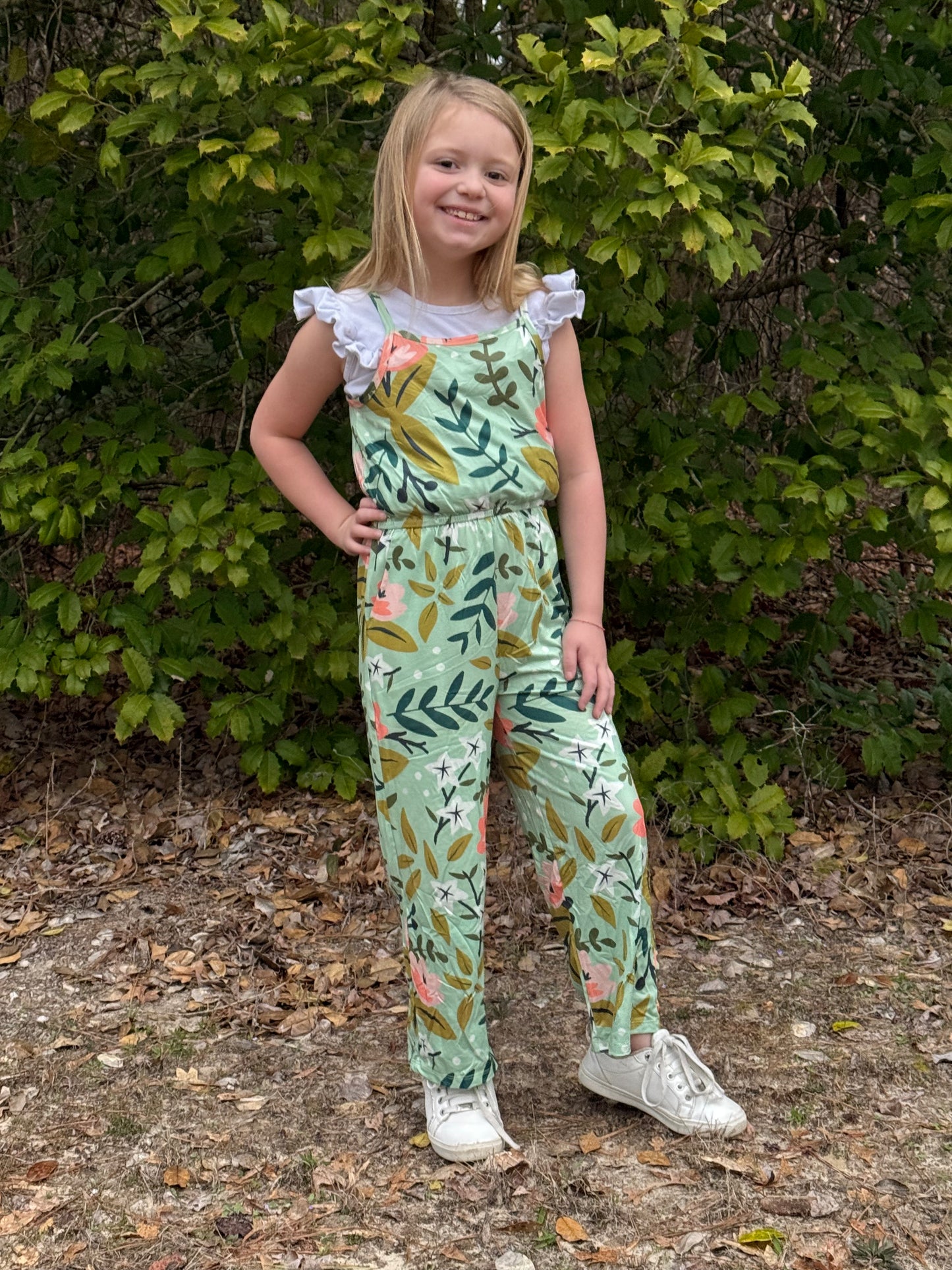 Kids Sage Pink Floral Spring Summer Jumpsuit With Pockets