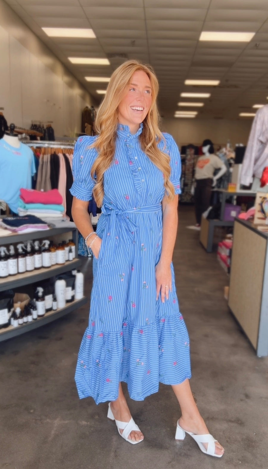 Royal blue dress embroidered flowers