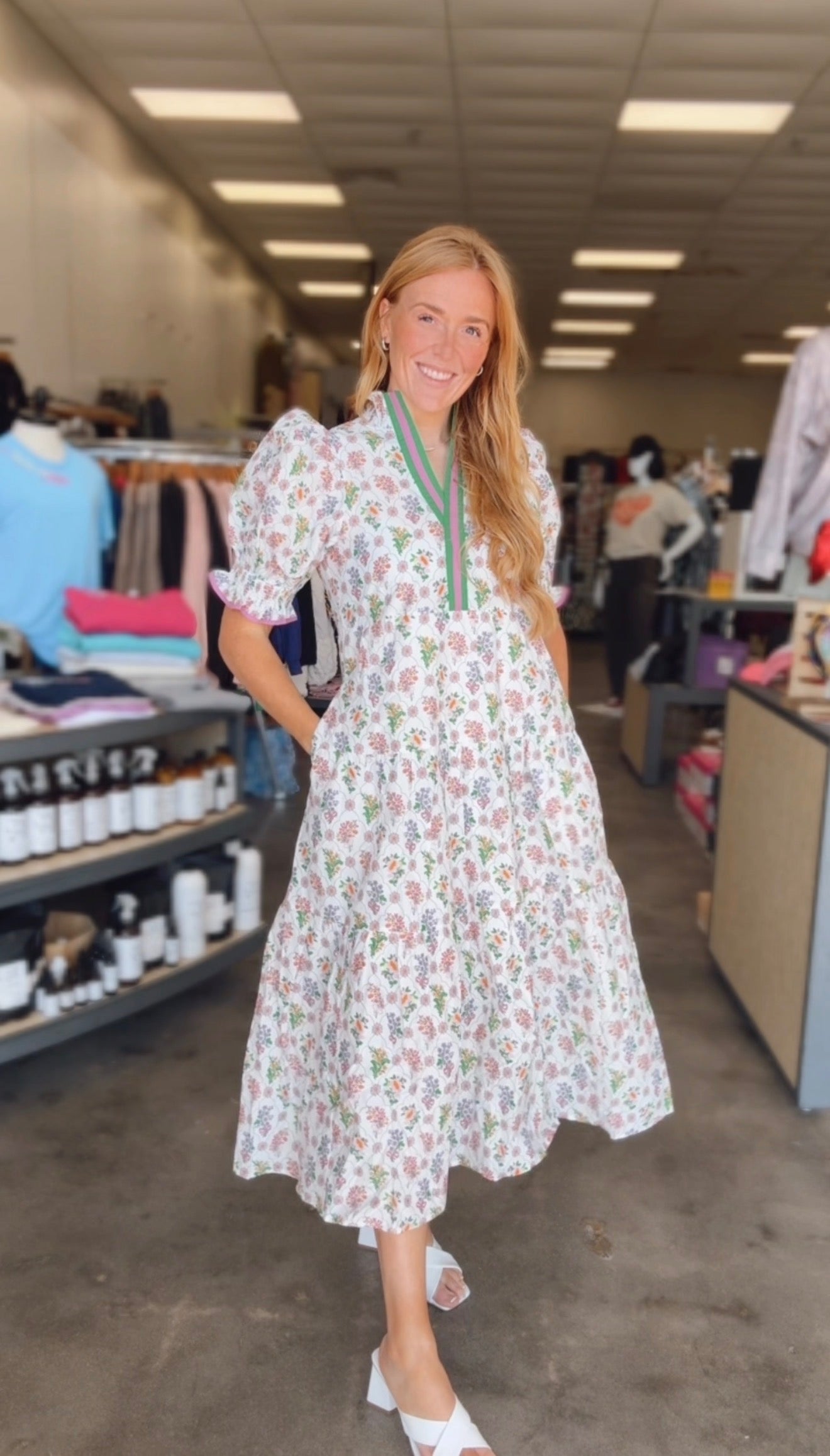 White Floral Dress With Green Lined V-Neck