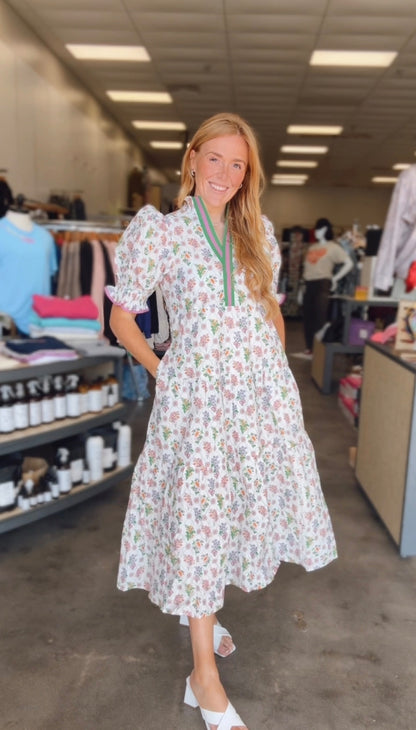 White Floral Dress With Green Lined V-Neck