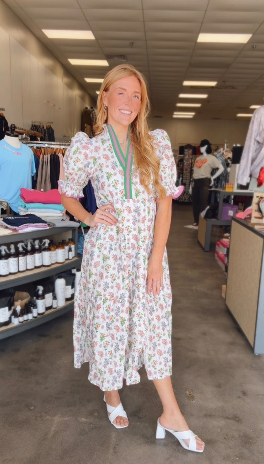 White Floral Dress With Green Lined V-Neck