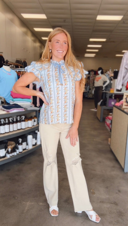 Light Blue Floral Ruffle Sleeved Blouse