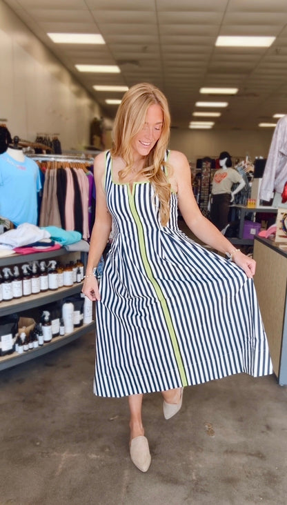 Blue and white with green stripe