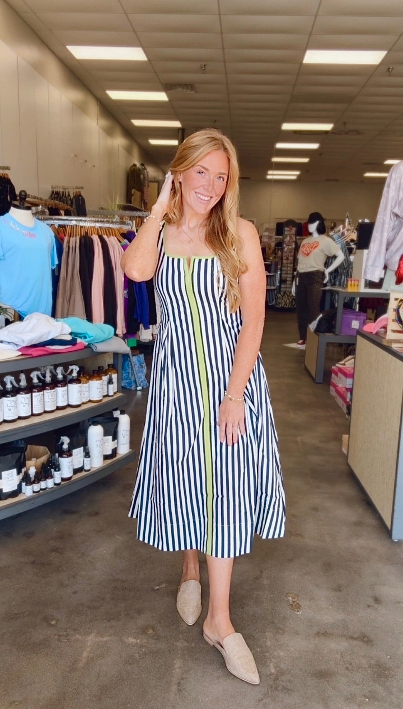 Blue and white with green stripe