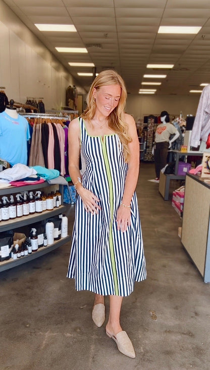 Blue and white with green stripe