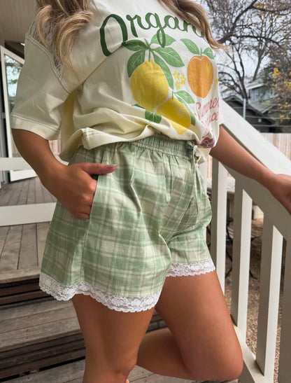 The Shimmer Shack Green Plaid Shorts