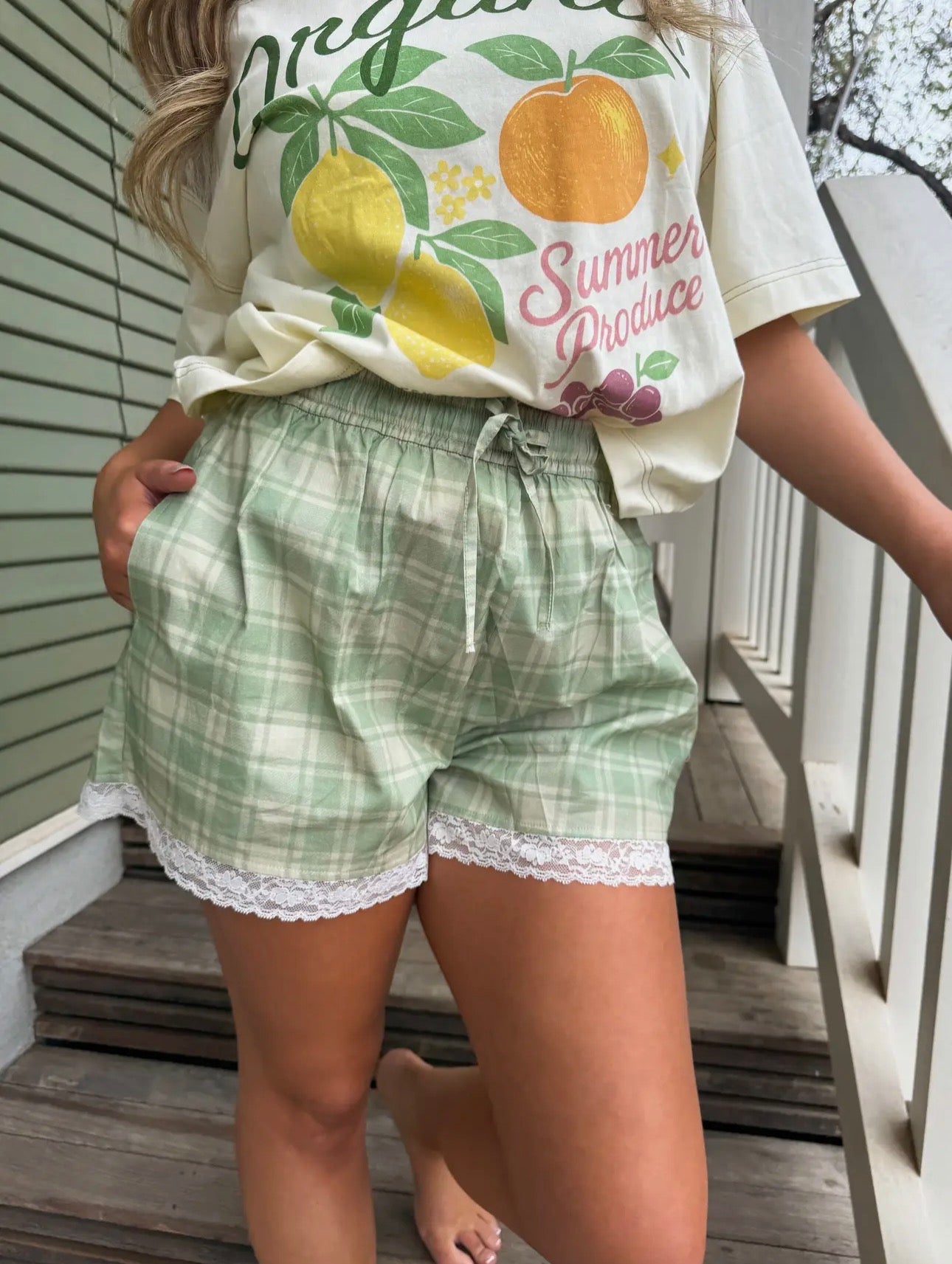 The Shimmer Shack Green Plaid Shorts