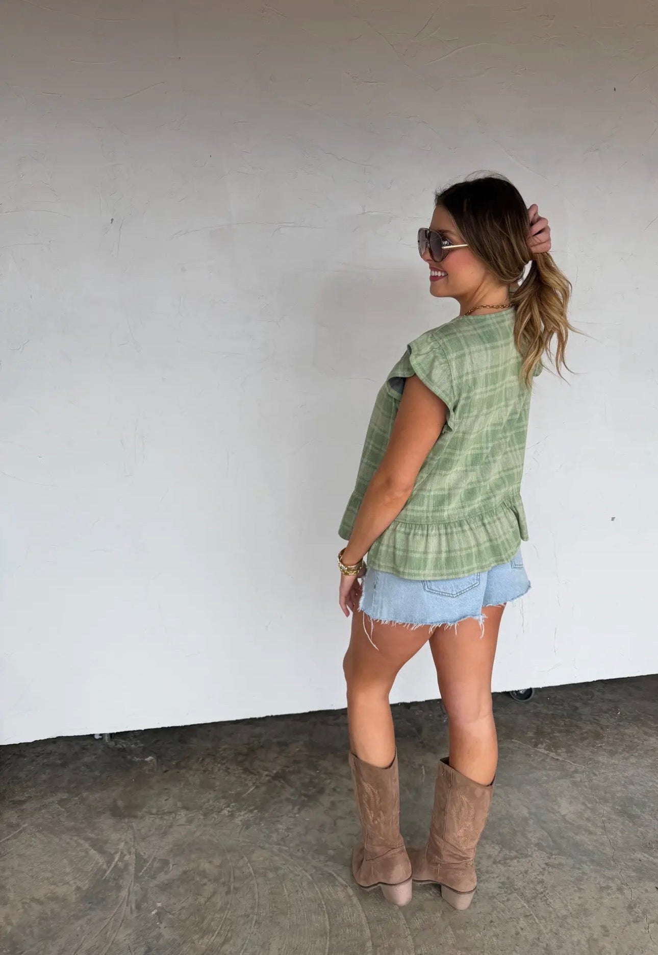 The Shimmer Shack Green Plaid Tie Front Vest