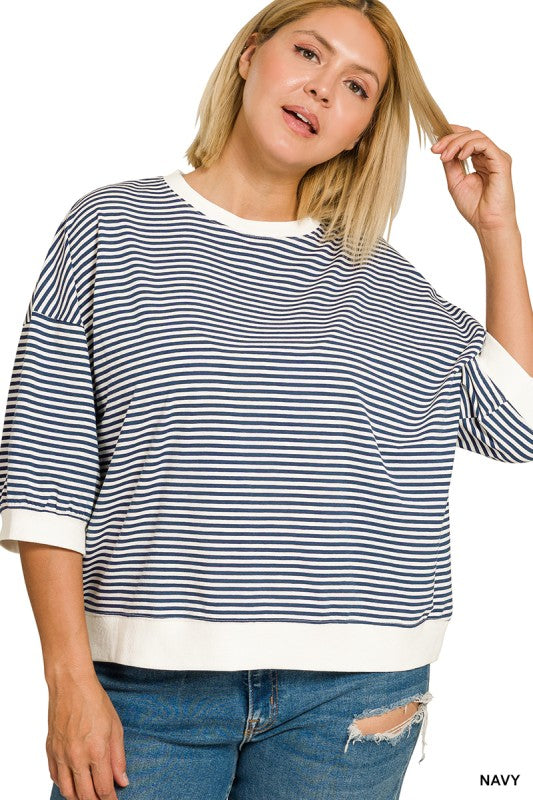 The Shimmer Shack Plus Stripe Top Navy