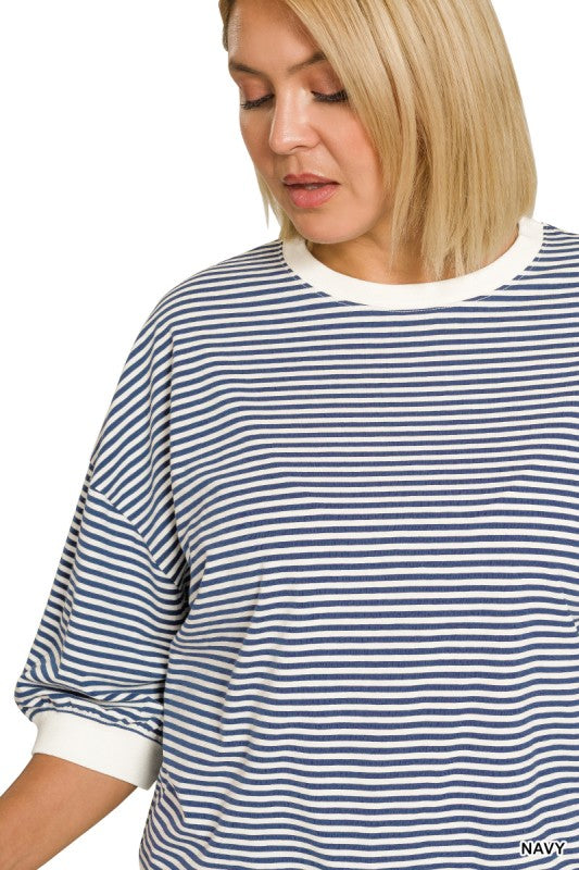 The Shimmer Shack Plus Stripe Top Navy