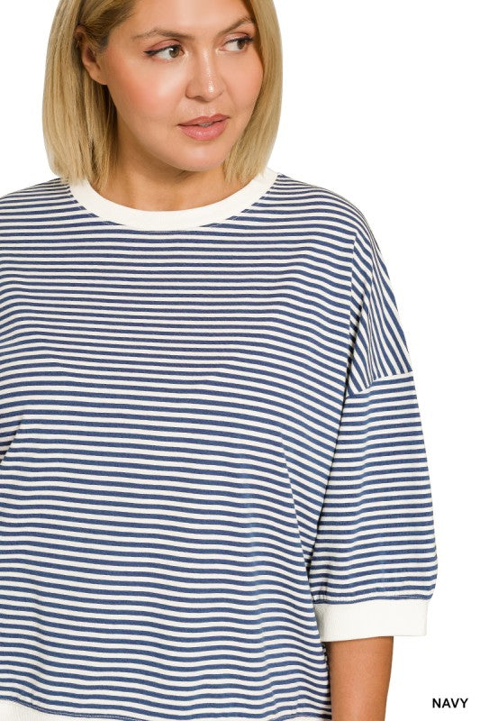 The Shimmer Shack Plus Stripe Top Navy