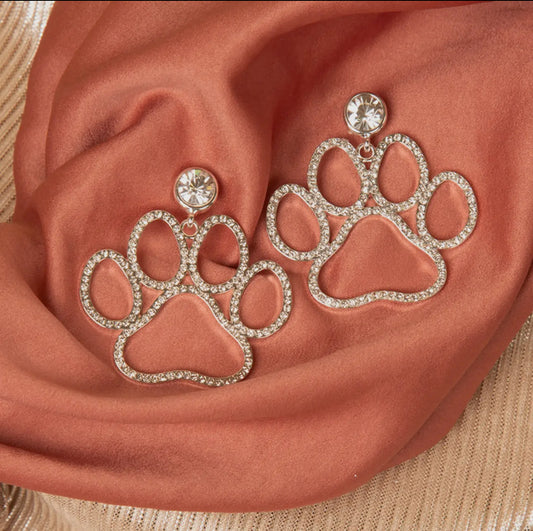 Silver Jeweled Paw Print Earrings