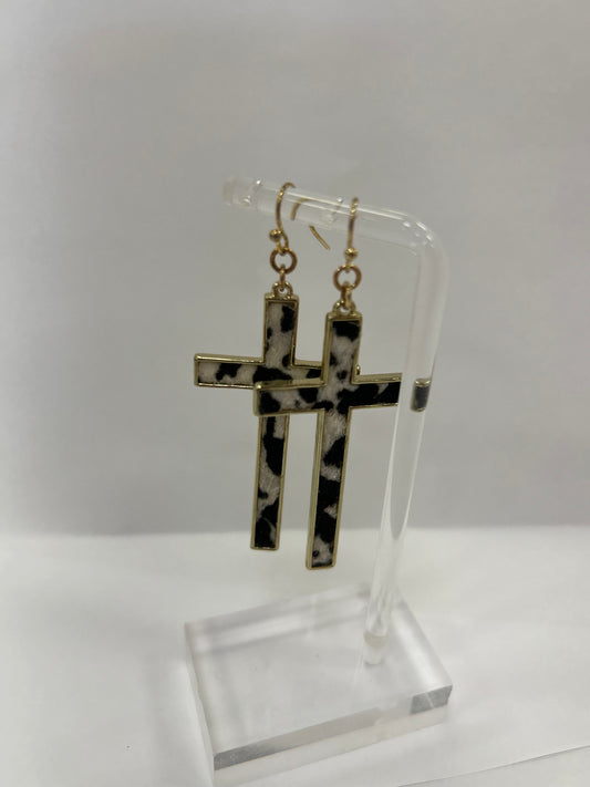 Gold Accented Cowprint Cross Earrings