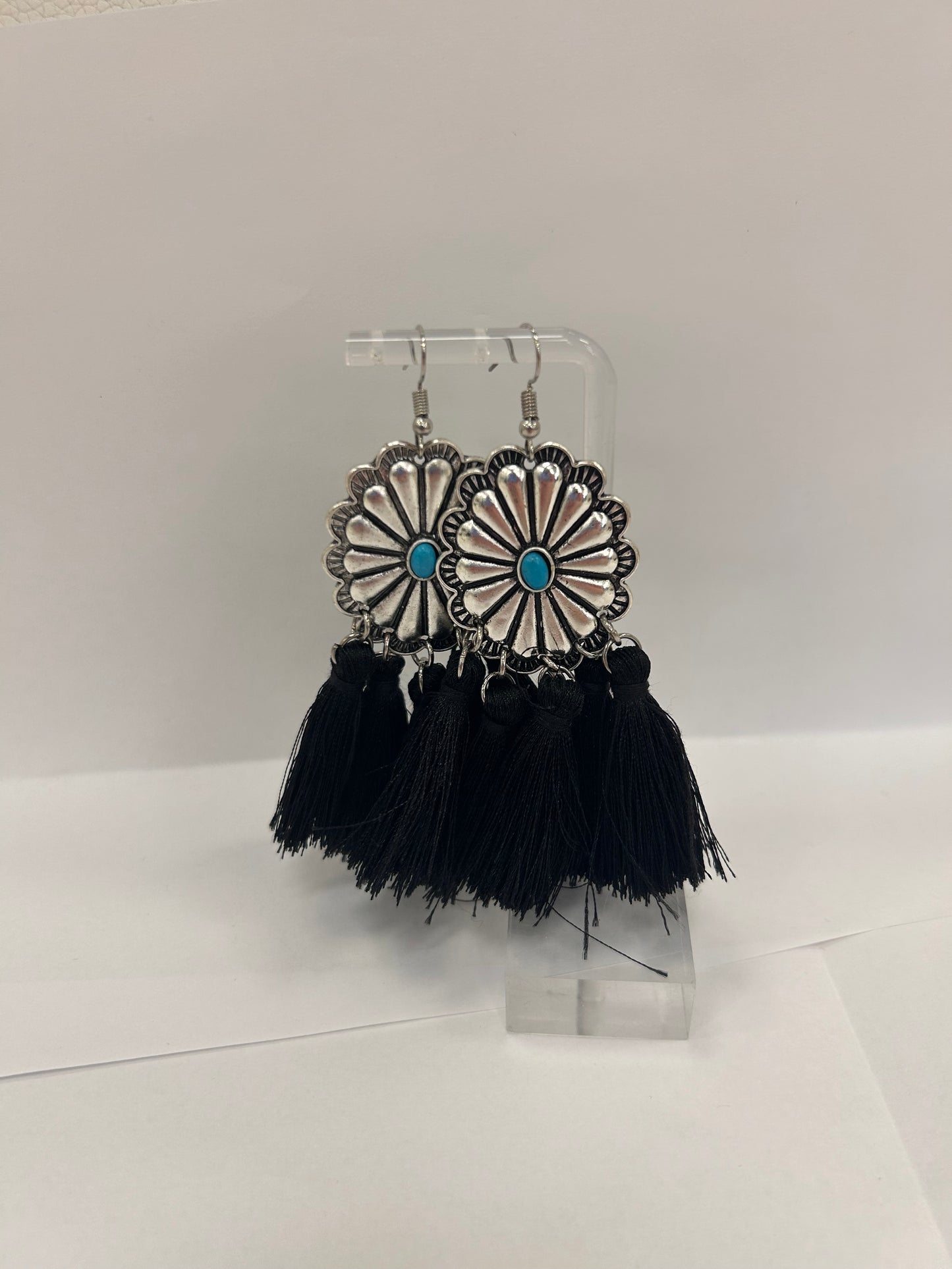 Silver Flower Earrings with Dangling Black Tassels