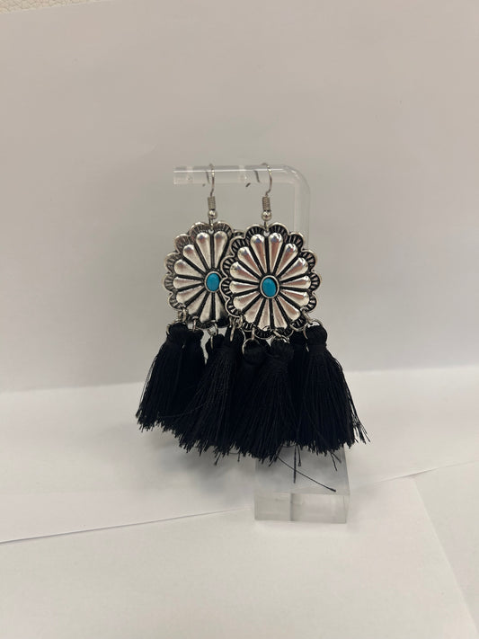 Silver Flower Earrings with Dangling Black Tassels
