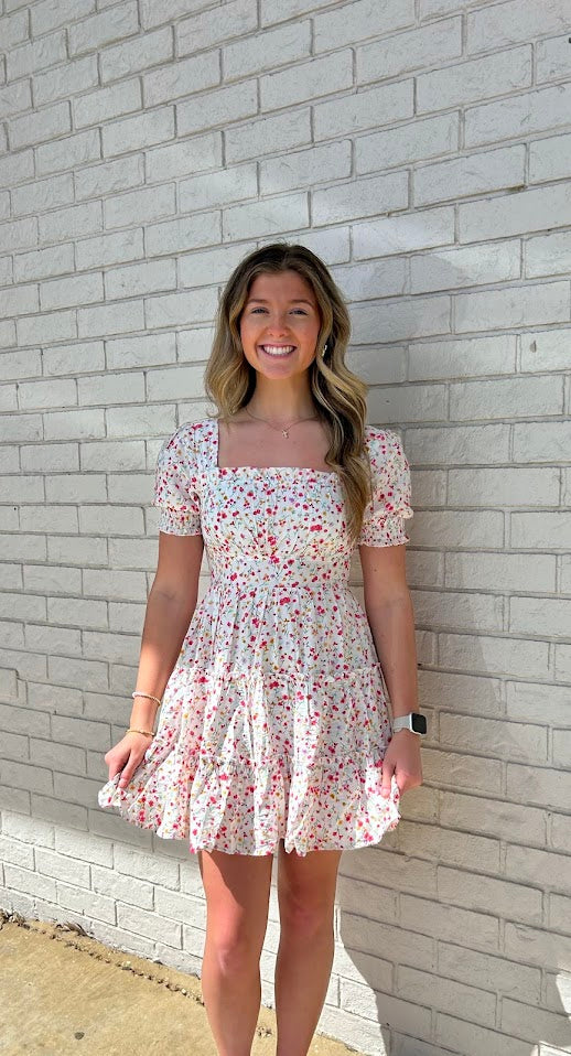 FLORAL SQUARE NECK PUFF SLEEVE TIERED MIDI DRESS