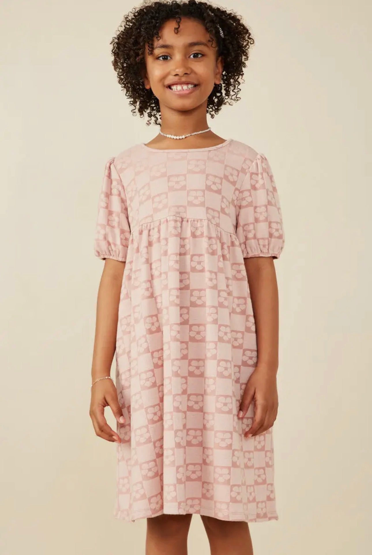 The Shimmer Shack Tween Pink Floral Checker Pattern Dress