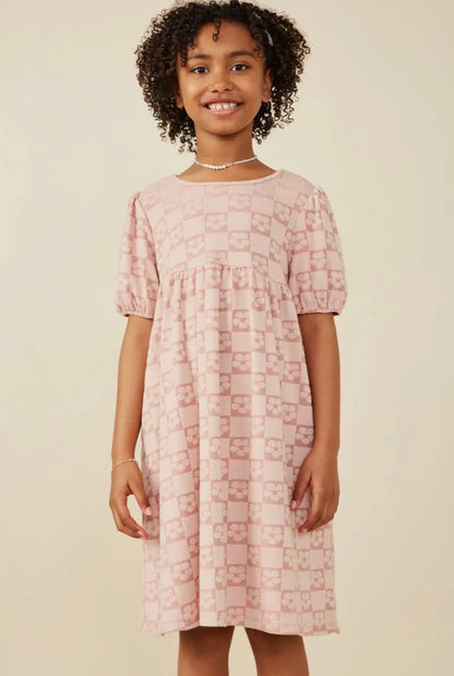 The Shimmer Shack Tween Pink Floral Checker Pattern Dress