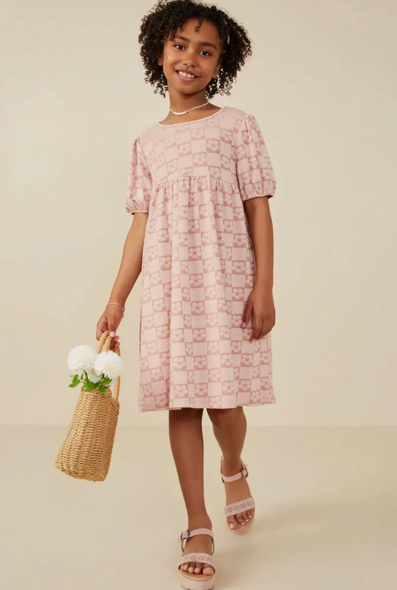 The Shimmer Shack Tween Pink Floral Checker Pattern Dress