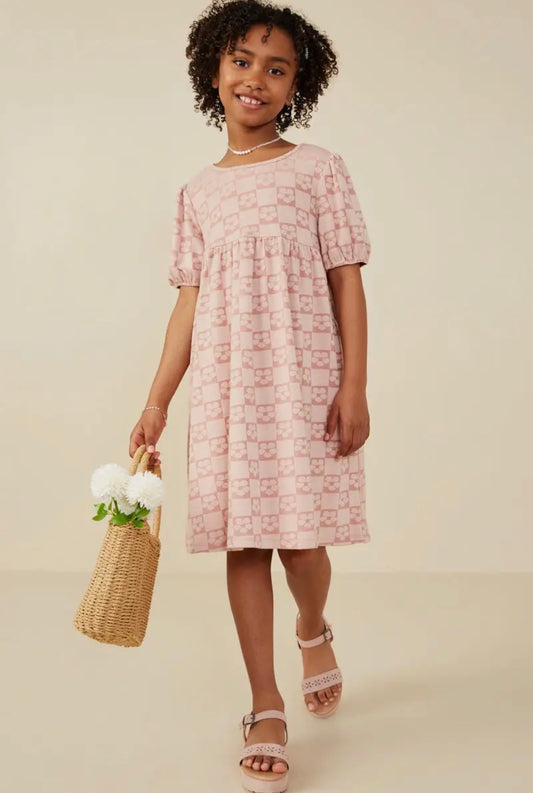 The Shimmer Shack Tween Pink Floral Checker Pattern Dress