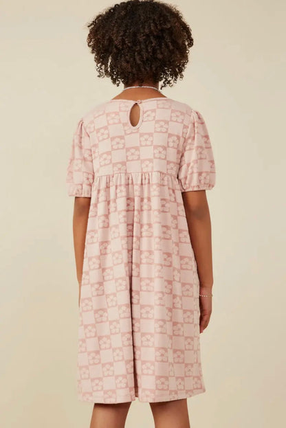 The Shimmer Shack Tween Pink Floral Checker Pattern Dress