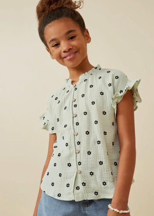 The Shimmer Shack Tween Textured Floral Ruffle Collar Shirt