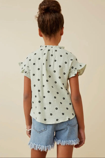 The Shimmer Shack Tween Textured Floral Ruffle Collar Shirt