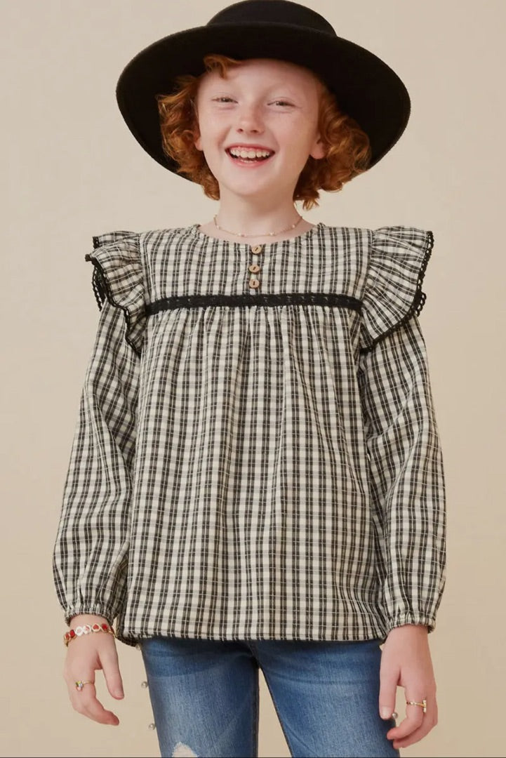 The Shimmer Shack Girls Checkered Lace Trim Ruffled Top