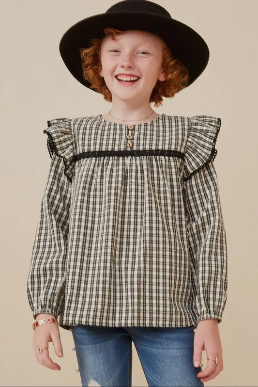 The Shimmer Shack Girls Checkered Lace Trim Ruffled Top