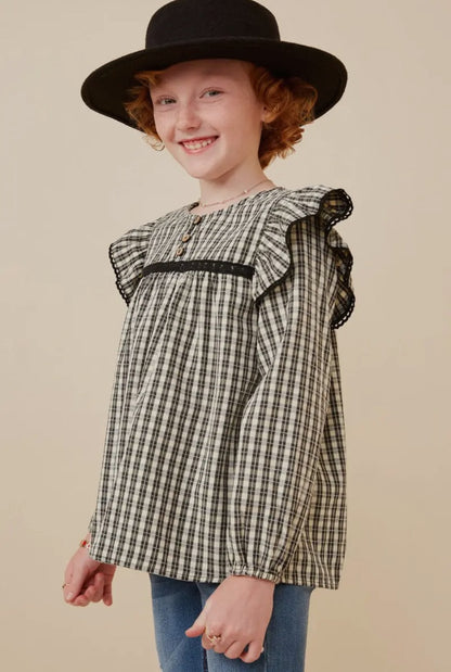 The Shimmer Shack Girls Checkered Lace Trim Ruffled Top