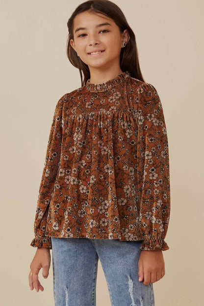 The Shimmer Shack Girls Floral Velvet Cinched Cuff Long Sleeve Top