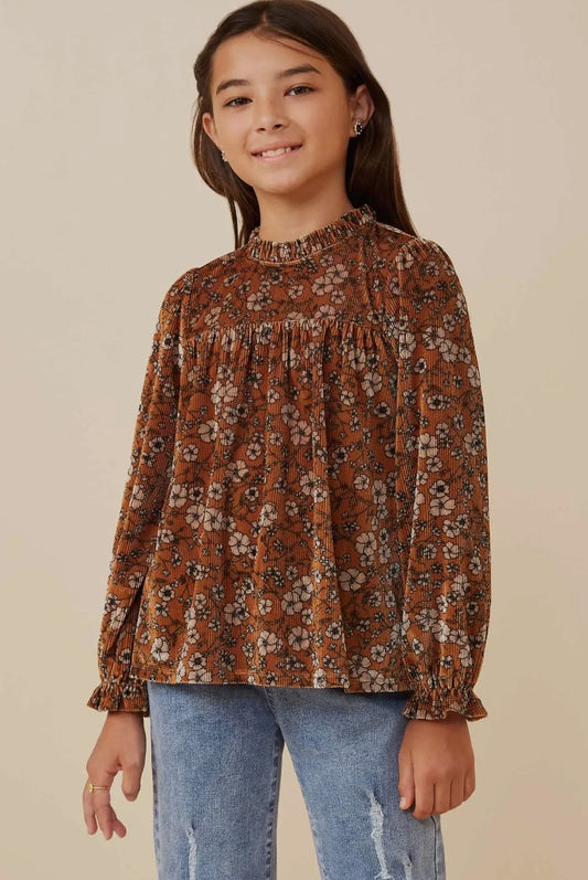 The Shimmer Shack Girls Floral Velvet Cinched Cuff Long Sleeve Top