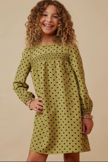 The Shimmer Shack Girls Smocked Detail Polka Dot Dress