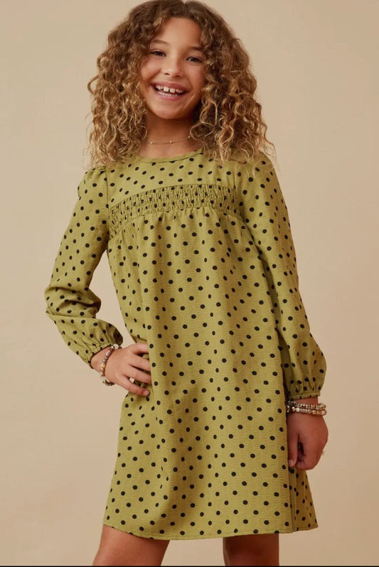 The Shimmer Shack Girls Smocked Detail Polka Dot Dress